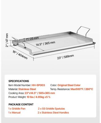 23 x 16 Inch Stainless Steel Griddle Plate for Gas Grill with Handles