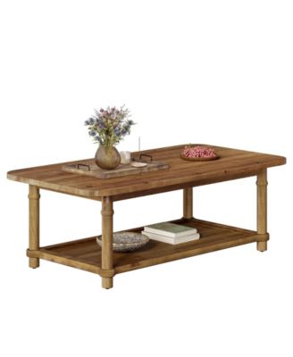 47" Rectangle Coffee Table, Solid Wood Center Table with 2-Tier Storage