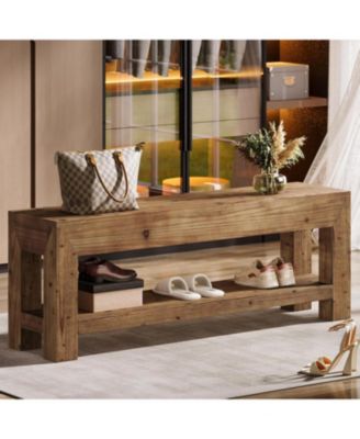 47.24" Solid Wood Entryway Bench, 2-Tier Narrow Rustic Wooden Shoe Bench