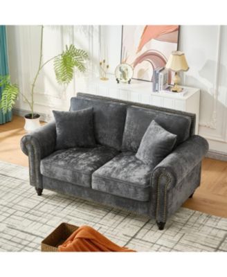 63" Modern 2-Seater Chenille Sofa, Rolled Arms, Nailhead Trim