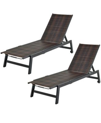 2PCS Patio PE Rattan Chaise Lounge Outdoor Recliner w/ 5-Level Backrest Backyard Poolside