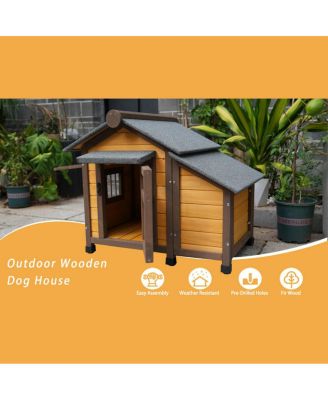 Solid Wood Dog House with Elevated Floor, 45 Inch Waterproof Outdoor Dog House for Medium Dogs