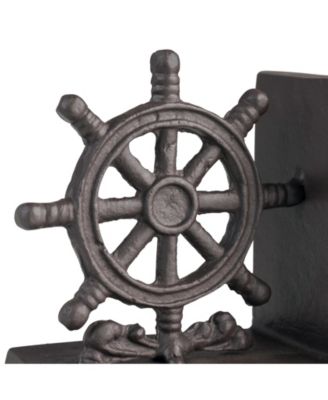 Nautical Anchor and Ship Wheel Iron Bookend Set