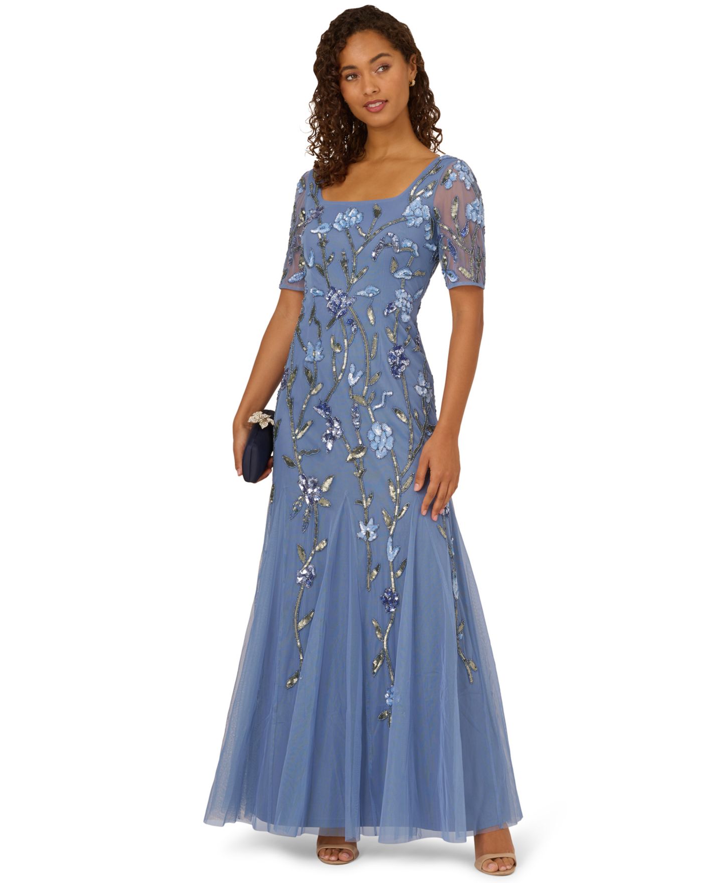 Женские платья Adrianna Papell Square-Neck Beaded Mesh Gown, цвет: Синий — фото 2
