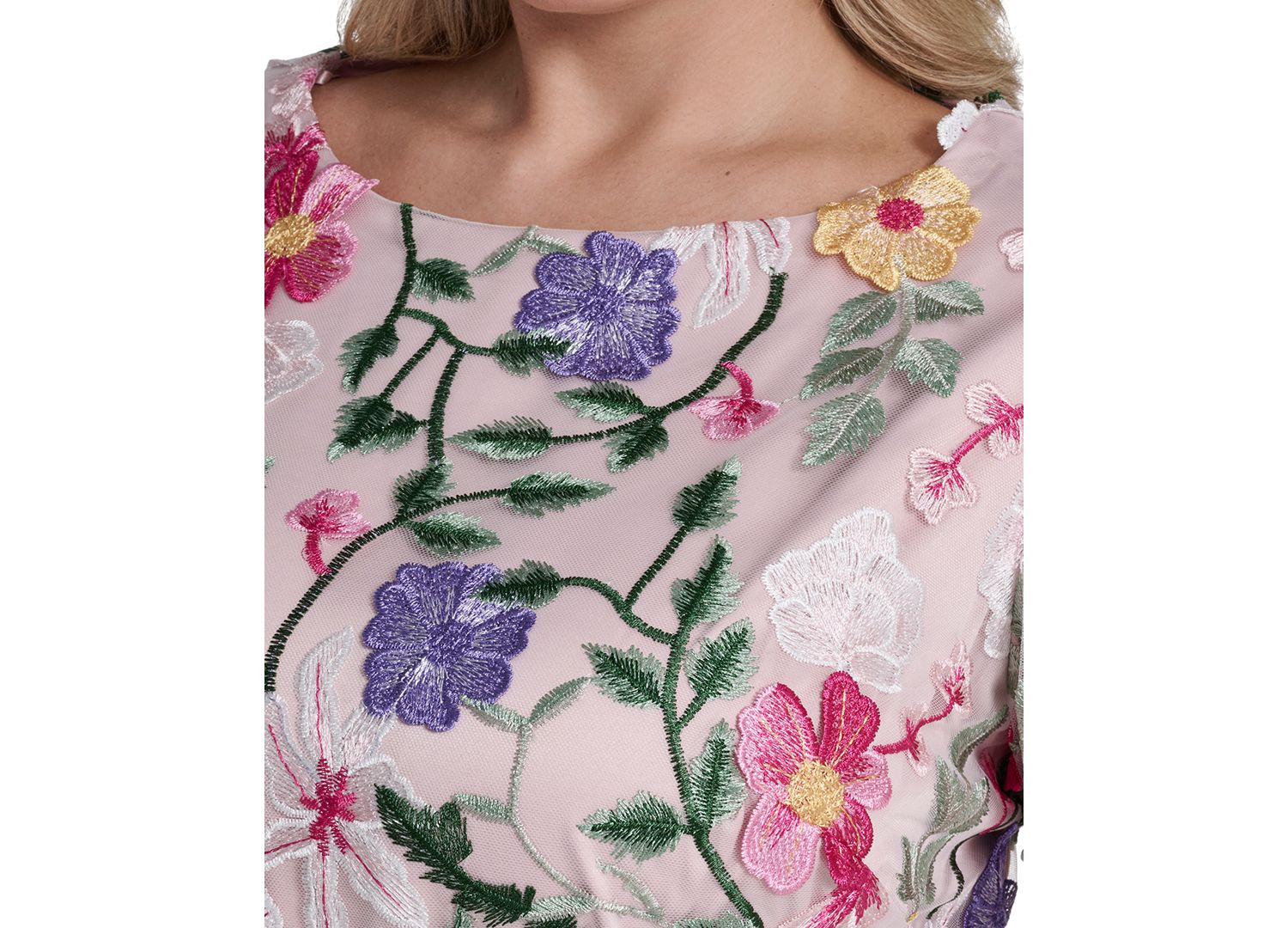 Petite Boat Neck Floral Embroidered Mesh Dress