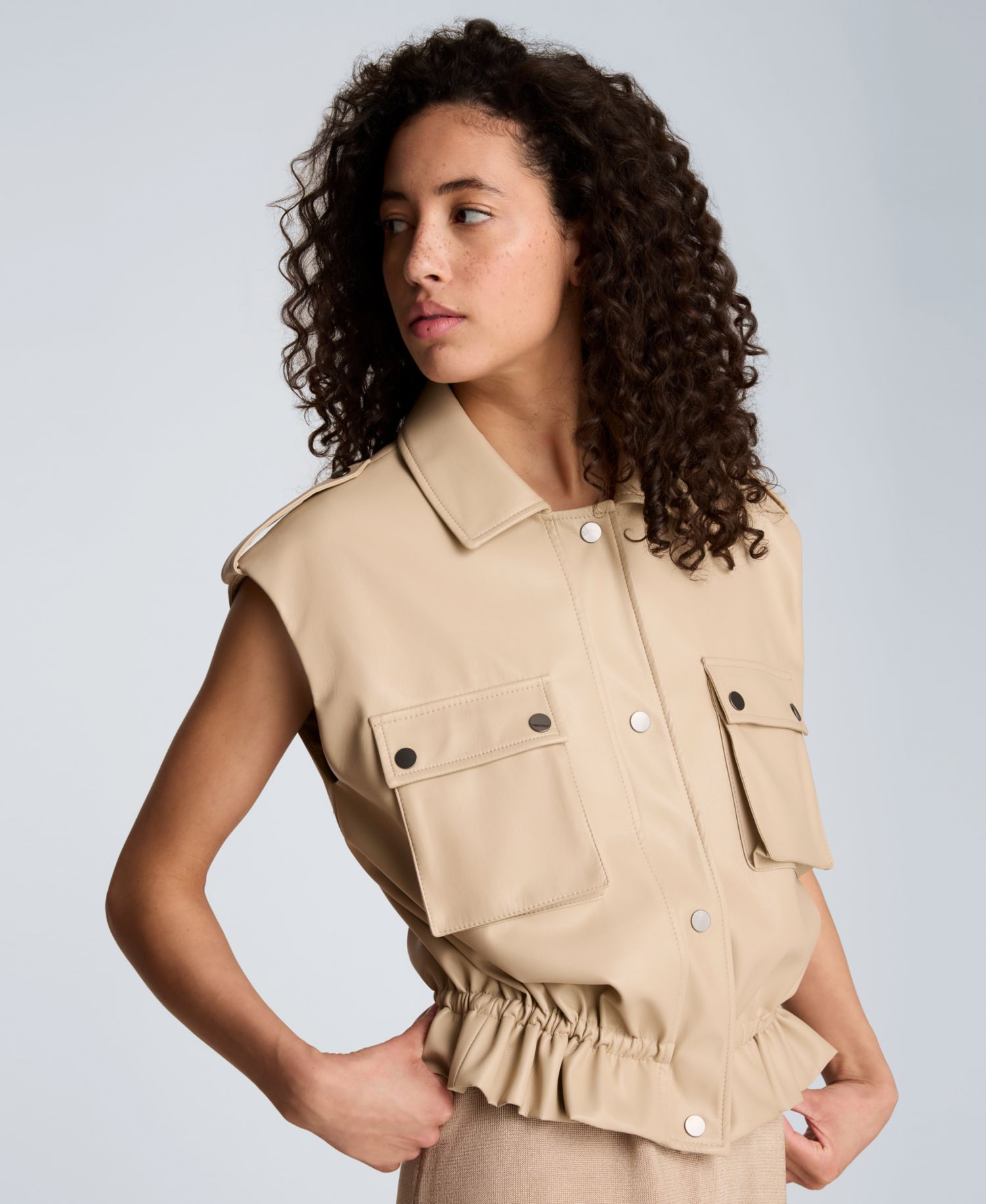 Women's Collared Sleeveless Drawcord Snap-Front Jacket