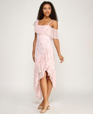 Juniors' Floral Embroidered Asymmetric Ruffle Hem Midi Dress