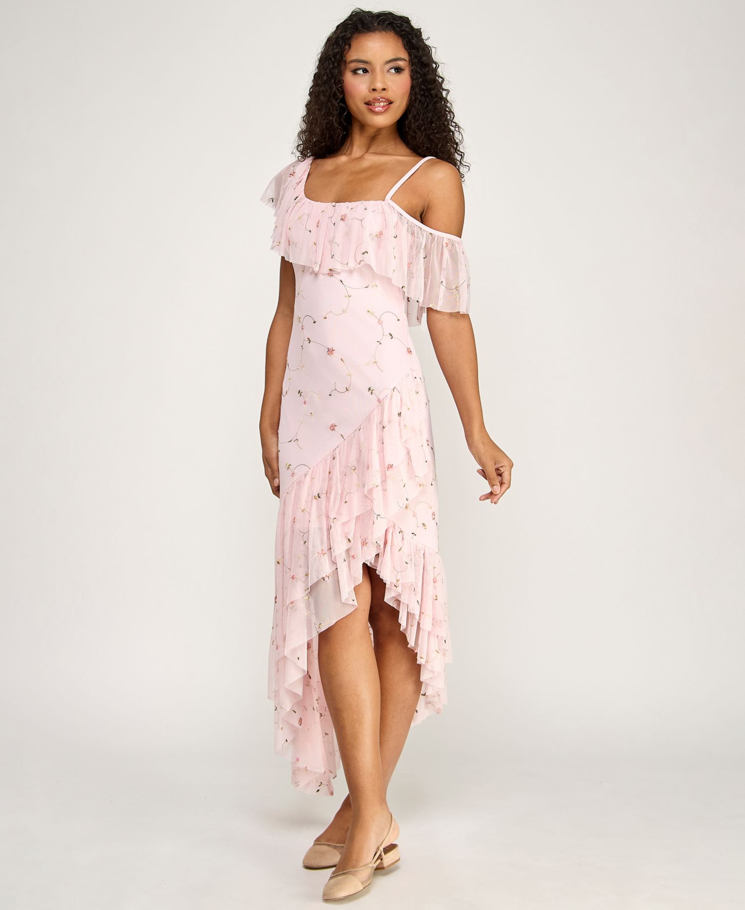 Juniors' Floral Embroidered Asymmetric Ruffle Hem Midi Dress