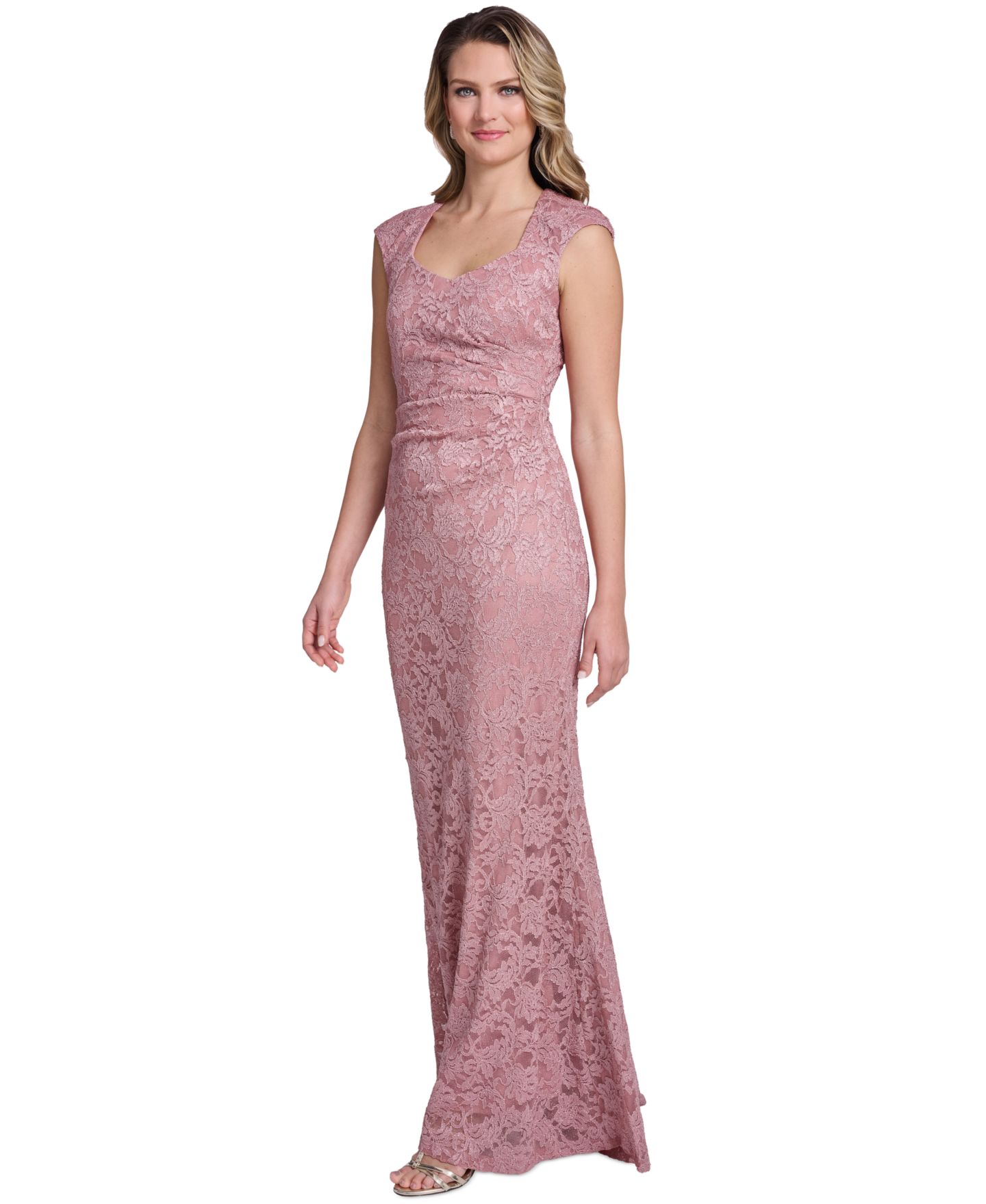 Женская кепка Jessica Howard Extended Cap-Sleeve Sweetheart Neck Side Tuck Gown, цвет: Розовый — фото 3
