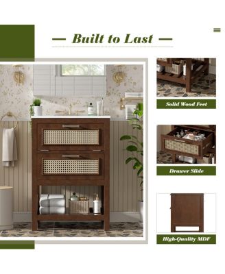 24 Inch Freestanding Bathroom Vanity with Ceramic Sink, Flip-Out Drawer & Modern Storage for Small Spaces