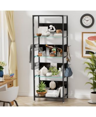 Glass Display Shelf with RGB LED Lights - 4-Tier Curio Cabinet with Adjustable Storage Box, Hooks, Metal Frame Standing Shelf for Living Room