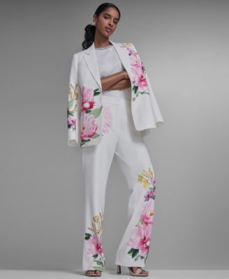 Petite Notch Lapel Collar Blazer and Mid-Rise Floral Print Pants