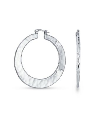 Large Fashion Flat Hammer Finish Statement Hoop Earrings Silver Plated 2 Inch