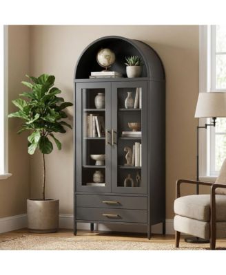 55" Tall Kitchen Pantry Cabinet, Arched Display with Glass Doors, 2 Drawers & Adjustable Shelves for Living, Dining Room