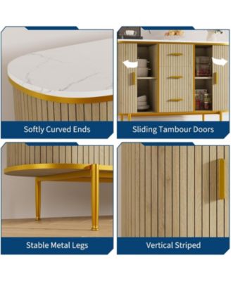 50" Mid Century Fluted Buffet Cabinet, Modern Coffee Bar Console Table with Faux Marble Top & Curved Sliding Doors, Storage Accent Cabinet