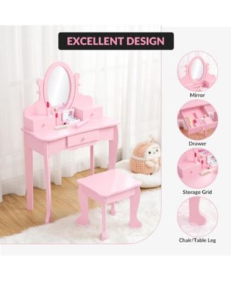 Kids Wooden Princess Vanity Set with Adjustable Mirror, Stool and Drawers