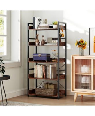 5-Tier Bookshelf with 4 Hooks Industrial Storage Bookcase.