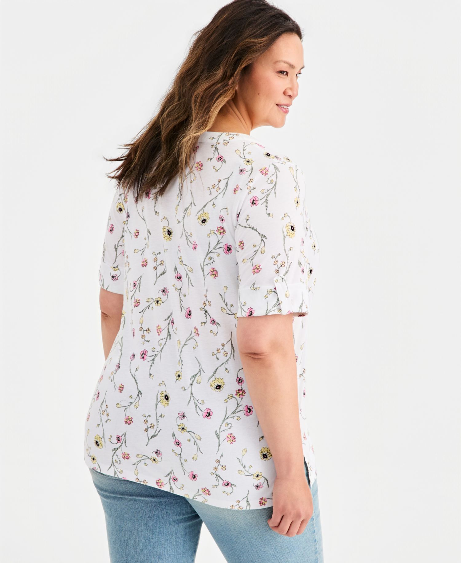 Plus Size Printed Roll-Tab Split-Neck Elbow-Sleeve Tunic