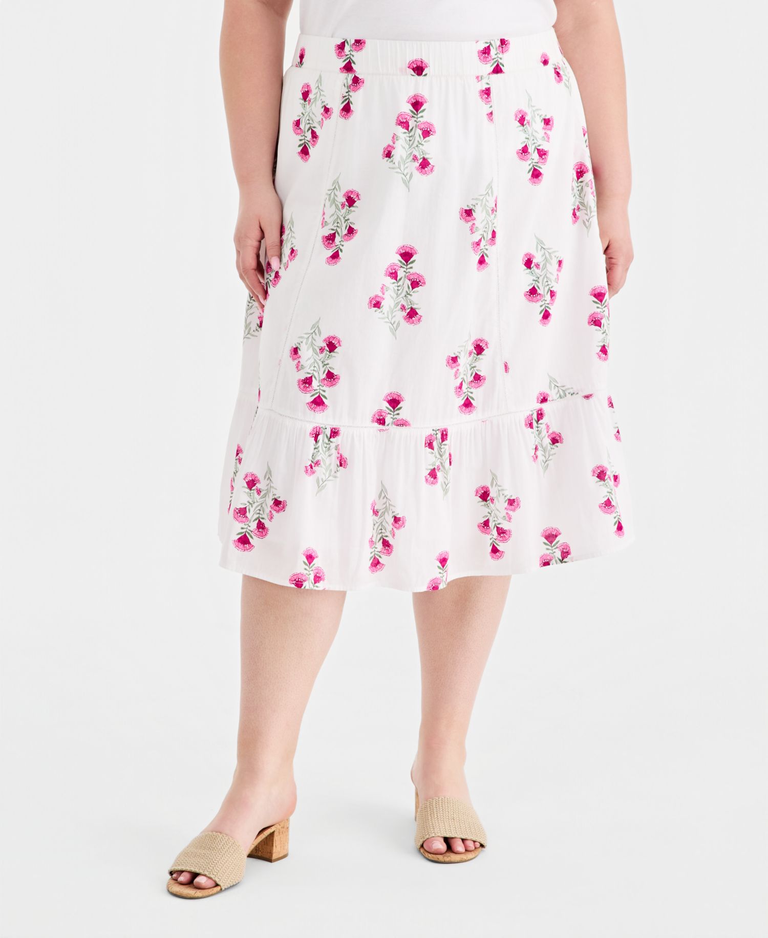 Plus Size Printed Cotton Pull-On Midi Skirt