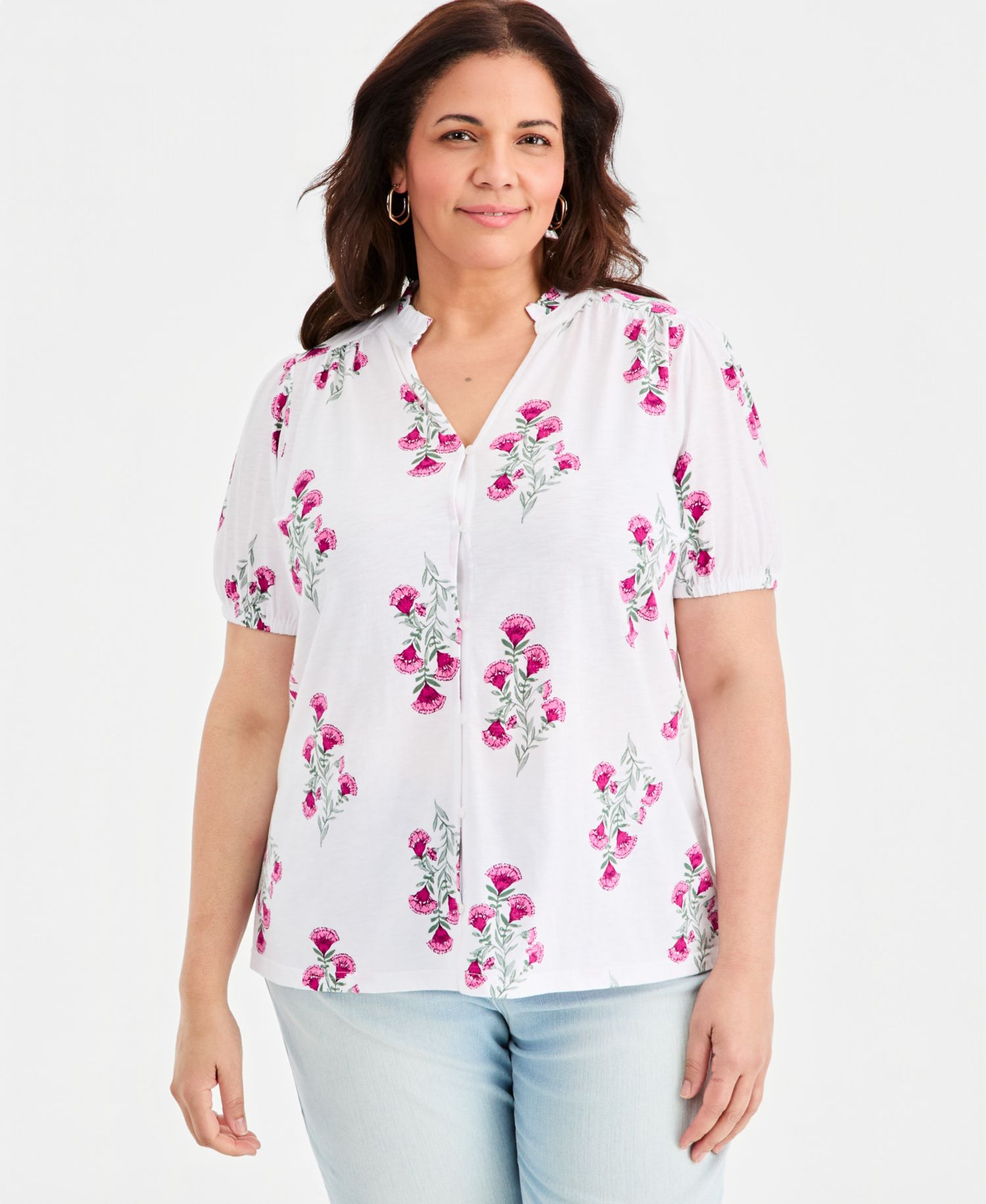 Petite Floral-Print Puff-Sleeve Top