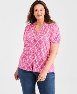 Plus Size Printed Puff-Sleeve Split-Neck Top