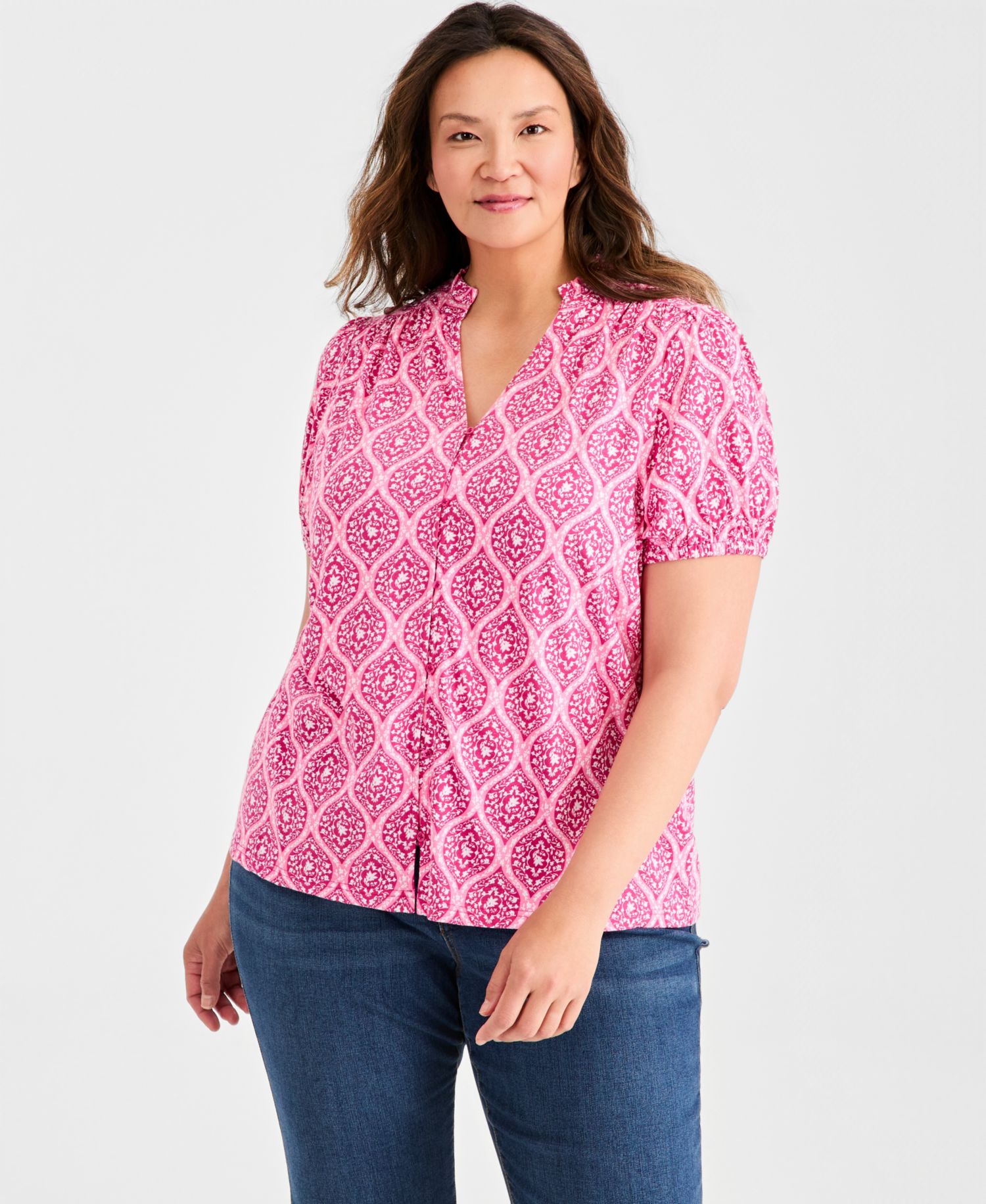 Petite Printed Puff-Sleeve Button-Front Top
