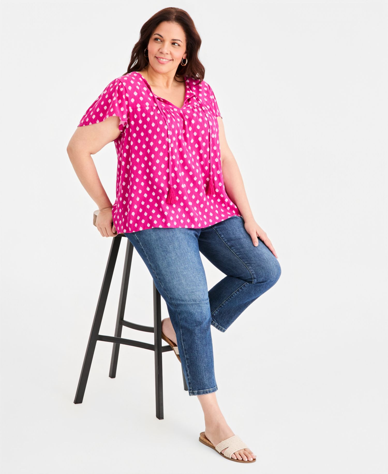 Plus Size Printed Split-Neck Flutter-Sleeve Blouse
