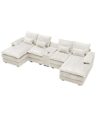 5-piece U-shaped sofa w/ console, USB ports & 4 pillows.