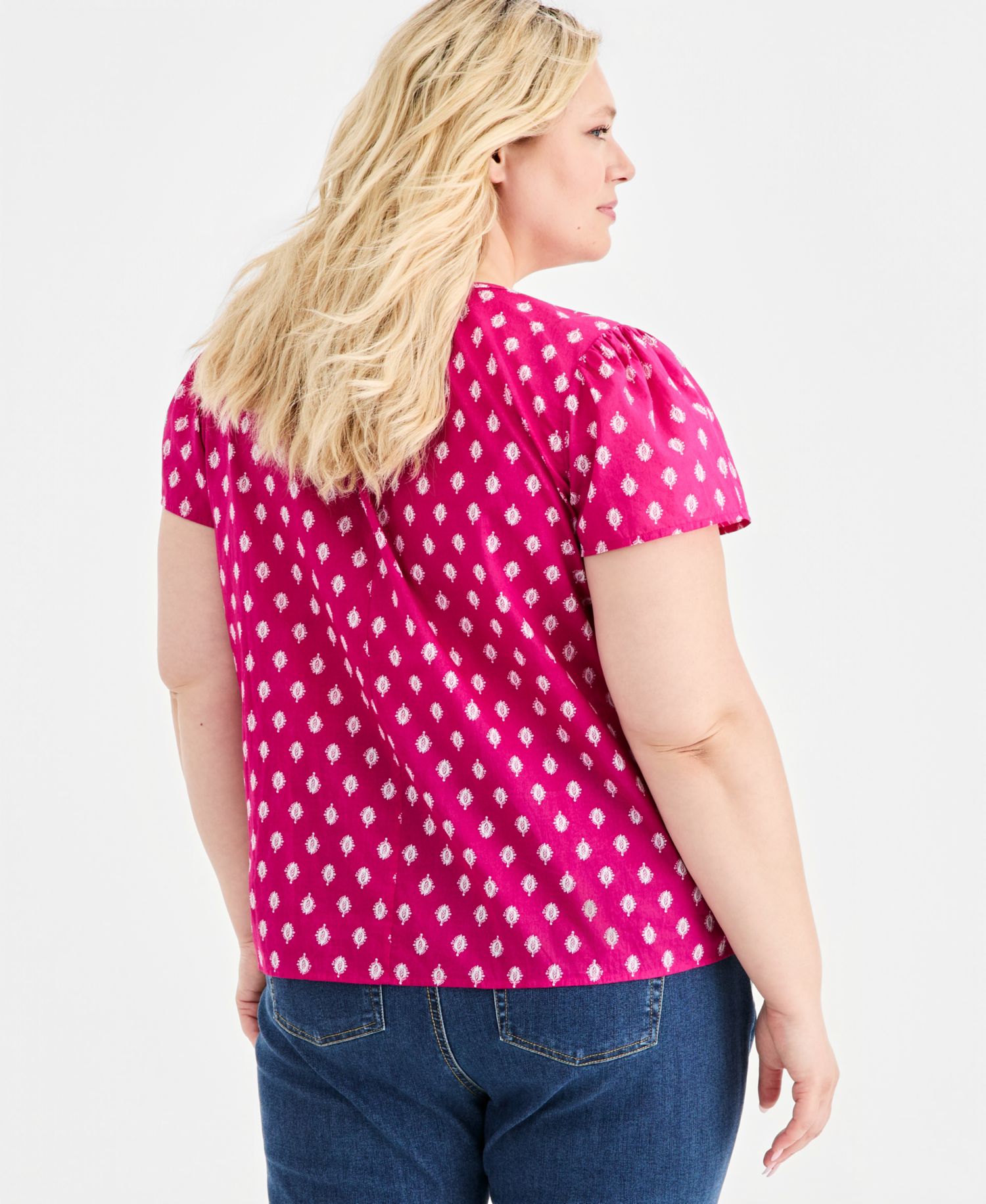 Petite Cotton Printed Flutter-Sleeve Top