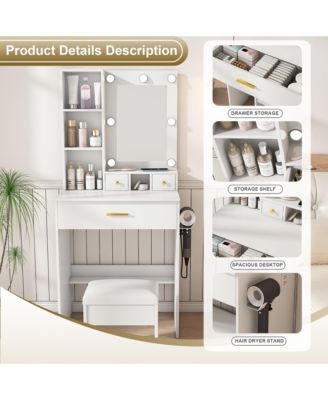Dressing Table Set with Stool - Mini Makeup Vanity Desk with LED Lighted Mirror, Power Outlet and Hairdryer Holder for Bedroom