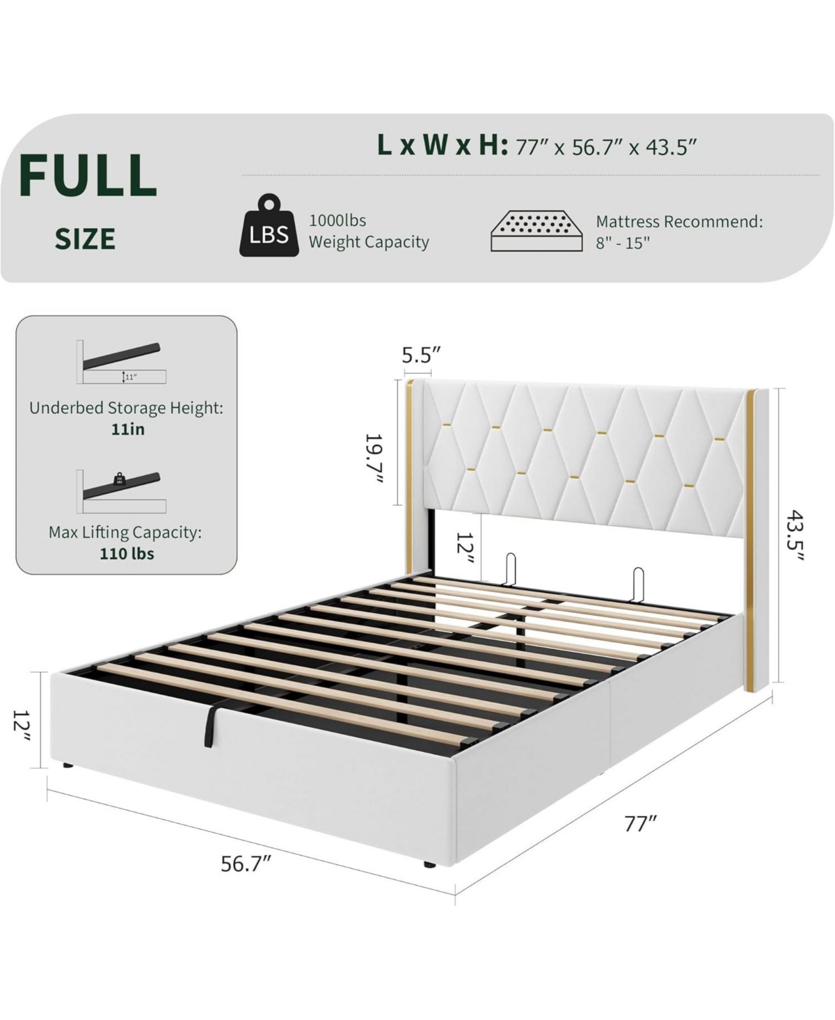 gaomon Lift Up Storage Bed Frame with Gold Wingback Headboard
