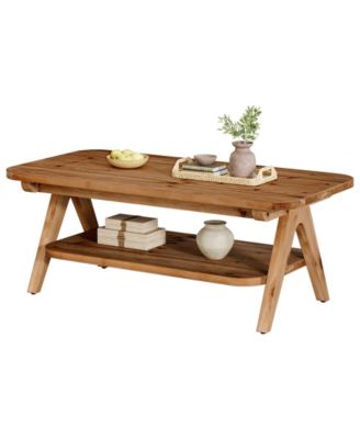 2-Tier Solid Wood Coffee Table, 47.2" Rustic Wooden Rectangular Center Table