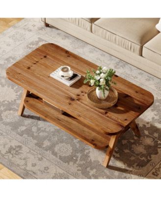 2-Tier Solid Wood Coffee Table, 47.2" Rustic Wooden Rectangular Center Table