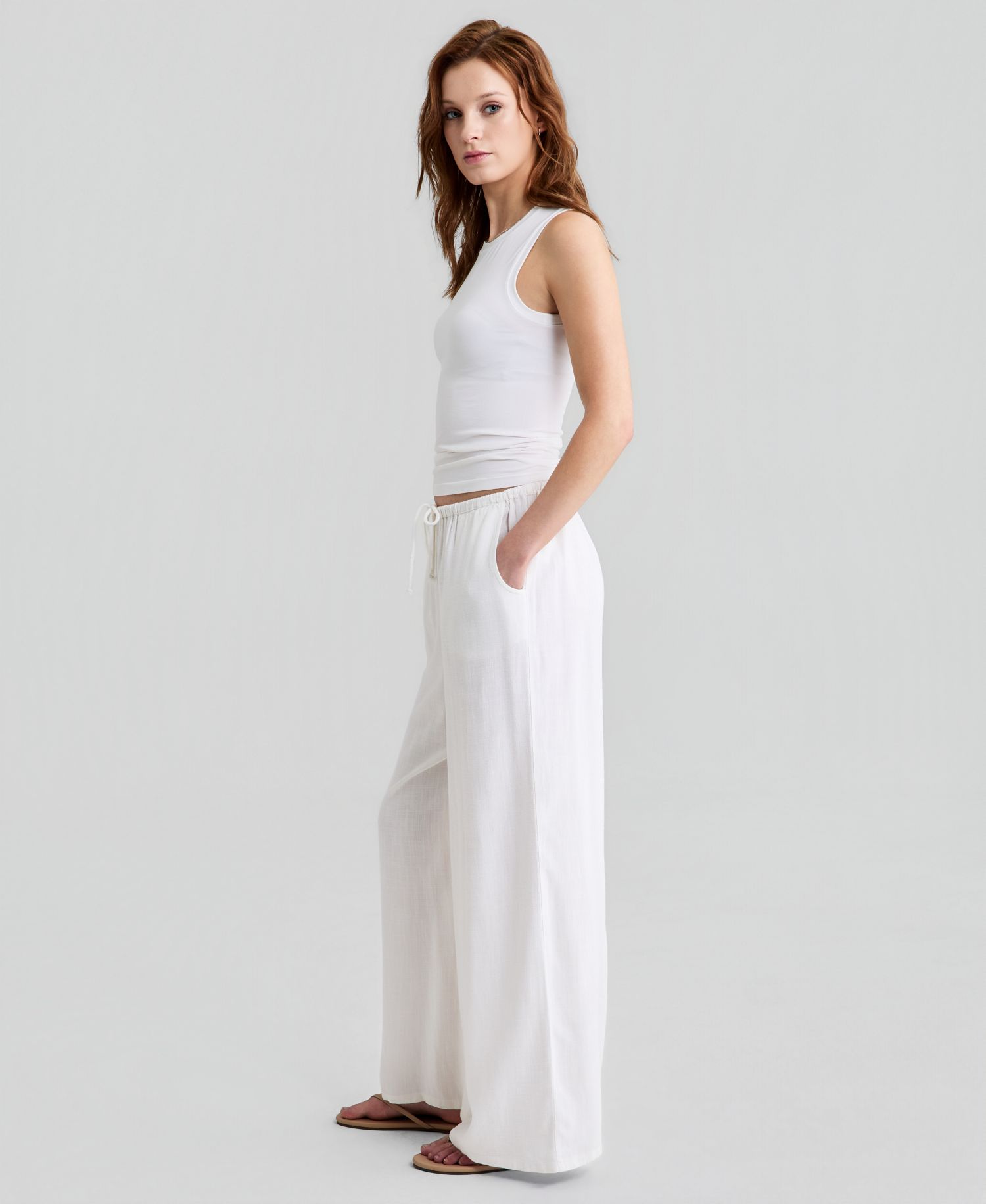 Petite Linen-Blend Wide Leg Drawstring Pant