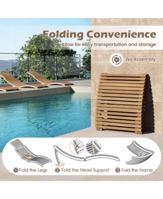 Outdoor Folding Teak Wood Chaise Lounge Chair w/Curved Lying Area for Poolside