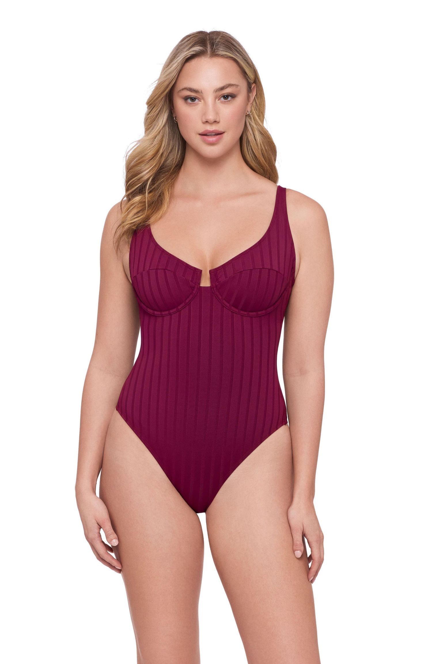 Women's Smoothing and Sculpting Wide Rib Scoop Neck Underwire One-Piece Swimsuit