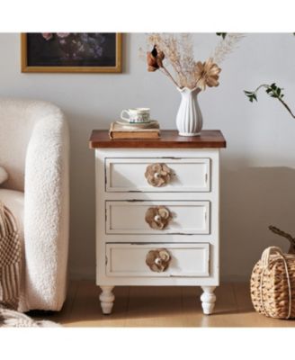  Vintage Farmhouse End Table - Rustic Nightstand, 3 Drawers, Distressed