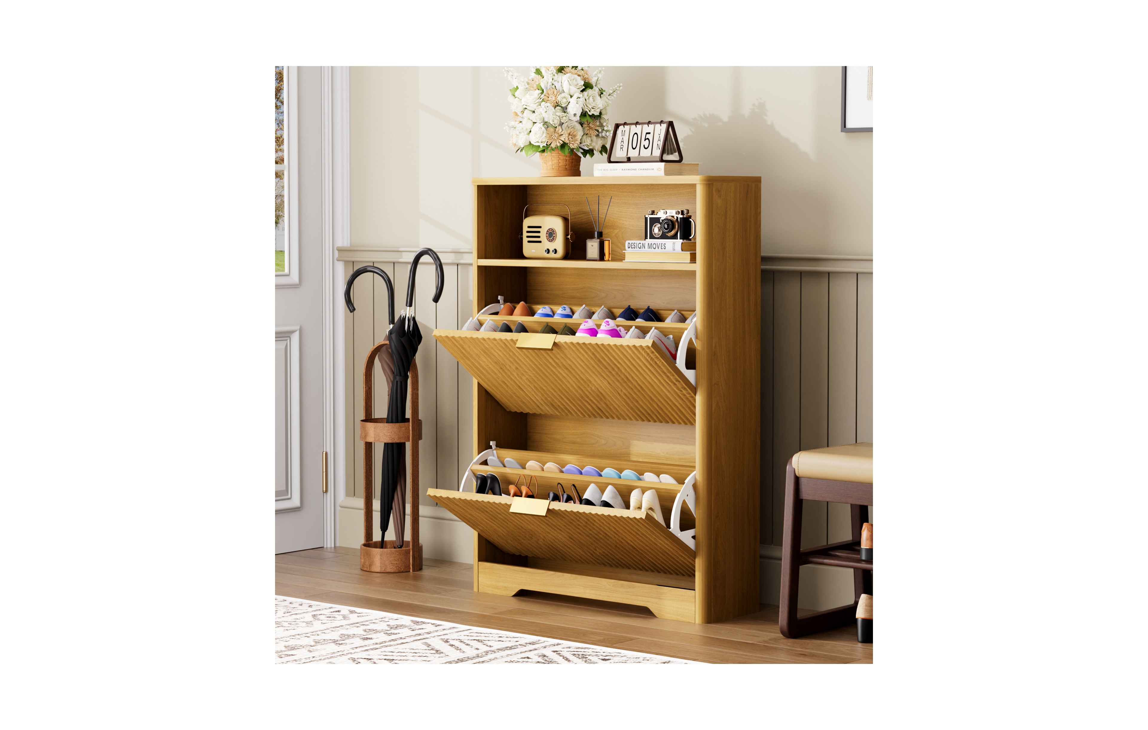 Clihome Shoes Storage Cabinet with 2 Flip Drawers, Tall Free Standing Shoe Organizer Rack