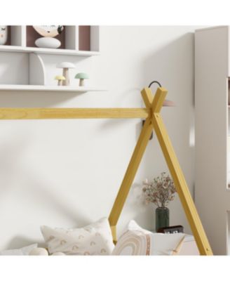 Tent-shaped Floor Bed,Teepee Bed with Guardrails, Slats