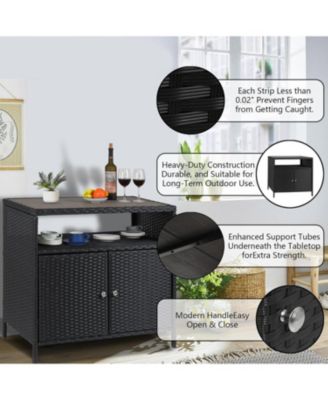 Patio Outdoor Wicker Storage Cabinet with Shelf,Powder Coated Steel,Patio Bar Table with 2-Door and Shelf,All Weather Resin Wicker