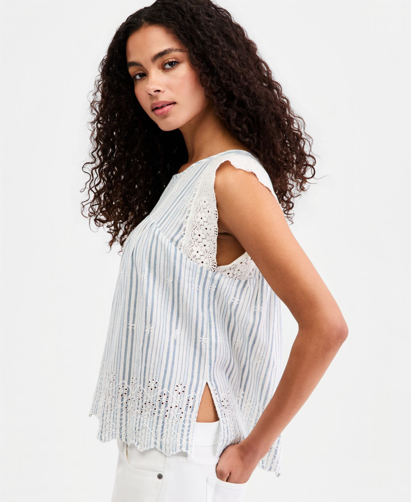 Женский топ Lucky Brand Striped Cotton Linen Sleeveless, цвет: Синий полосатый — фото 3