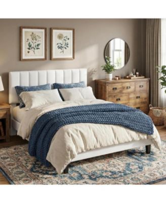 Full Upholstered Platform Bed Frame with Vertical Channel Tufted Headboard, Adjustable Height, Wooden Slats, Noise Free