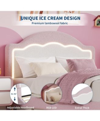 Kids Bed Frame with LED Headboard, Sherpa Upholstered Platform Bed, Wooden Slats Support, No Box Spring Needed