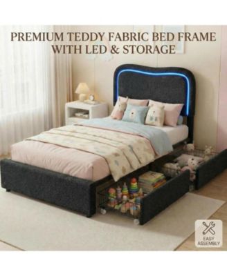 Queen Boucle Bed Frame with 2 Storage Drawers, LED Headboard, Upholstered Platform