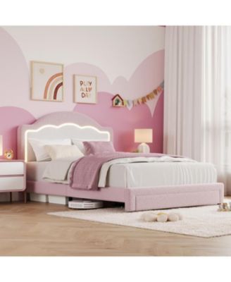 Kids Bed Frame with LED Headboard, Sherpa Upholstered Platform Bed with Storage Drawer, Wooden Slats, Easy Assembly