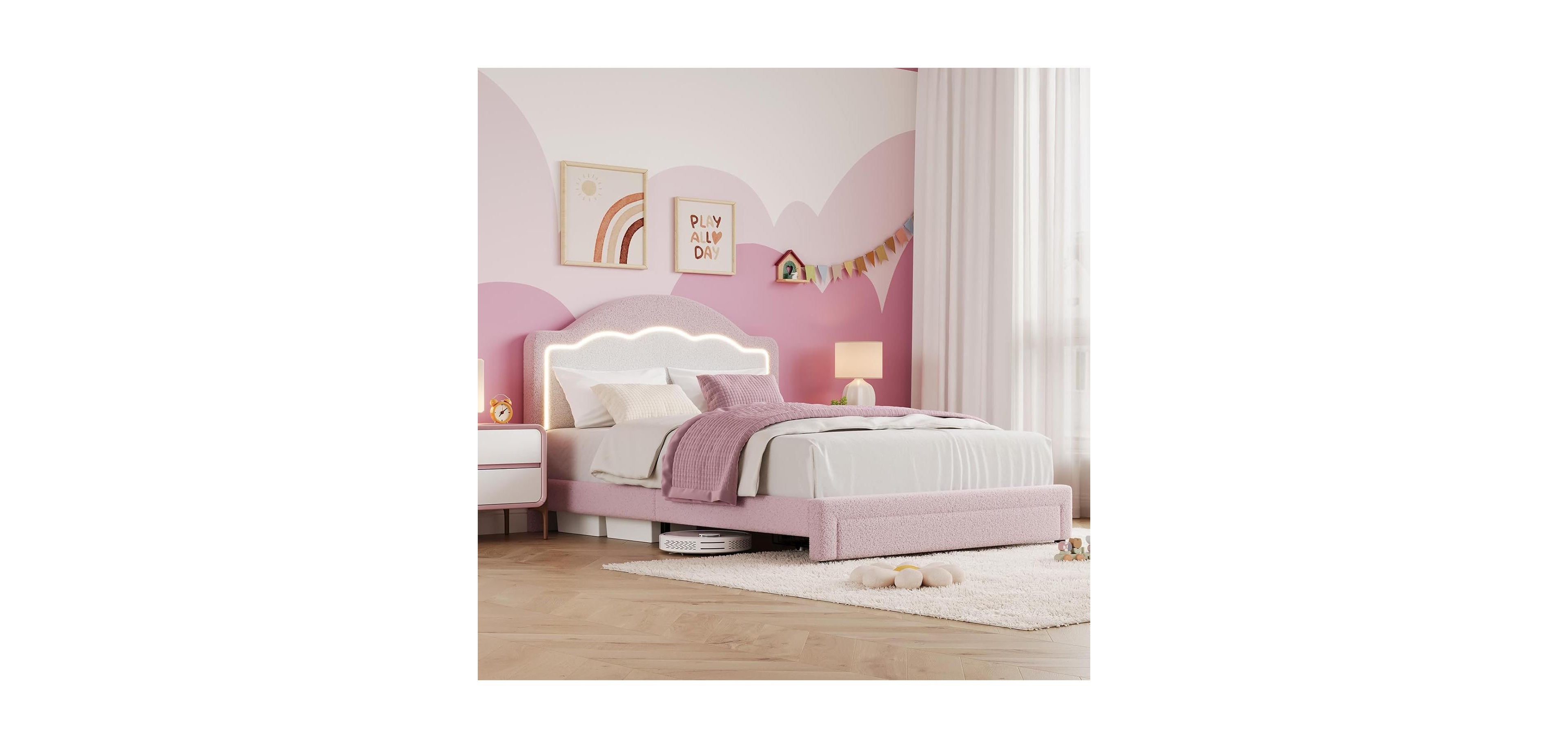 gaomon Kids Bed Frame with Led Headboard, Sherpa Upholstered Platform Bed with Storage Drawer, Wooden Slats, Easy Assembly