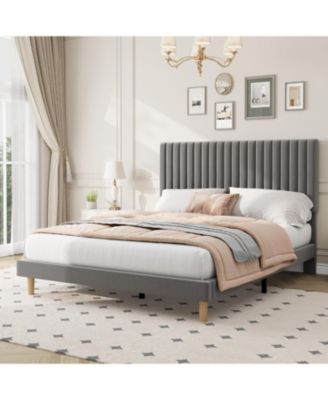 Queen Size Velvet Platform Bed Frame with Vertical Channel Tufted Adjustable Headboard, Wooden Slats Support, No Box Spring