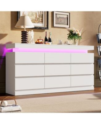 9-Drawer Dresser, 63" Wide Chest with LED Lights & Charging Station, Large Storage Organizer TV Stand for Living Room, Hallway