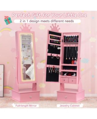 Kids Jewelry Armoire,Child Jewelry Cabinet with Led Light,Freestanding Jewelry Organizer with Full Length Mirror&Storage Drawers