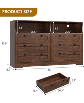 6 Drawer 55 Inch Bedroom Dresser with LED Lights Plus Power Outlet Modern Wood TV Dresser Storage Organizer